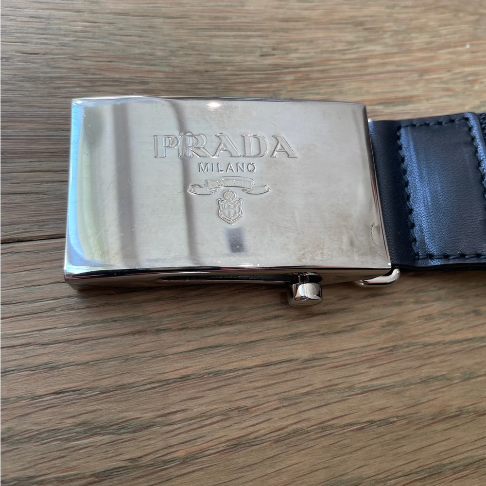 Prada Men’s Black Leather Belt with Silver Buckle